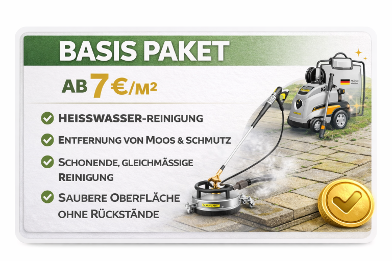 Basis-Paket: Hochdruckreinigung, Entfernung von Moos, saubere Oberflächen ohne Rückstände.